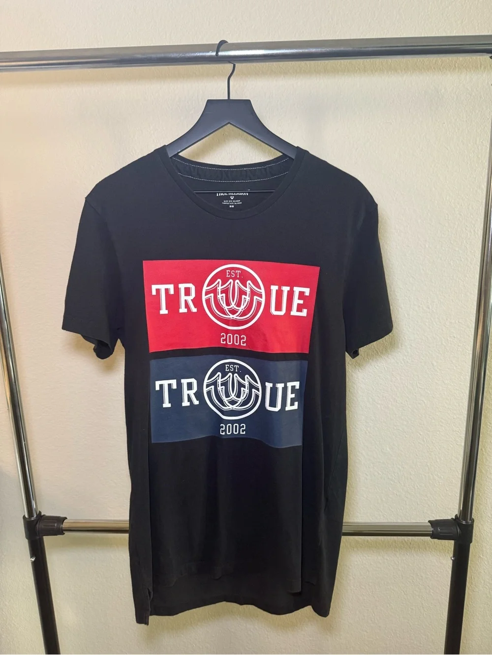 True Religion Black Tee with Red and Navy Graphic Panels